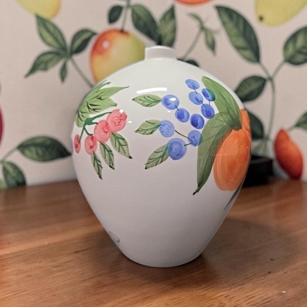 Fruit Themed Bud Vase, Vintage Hand Painted Ceramic Flower Holder, Centerpiece